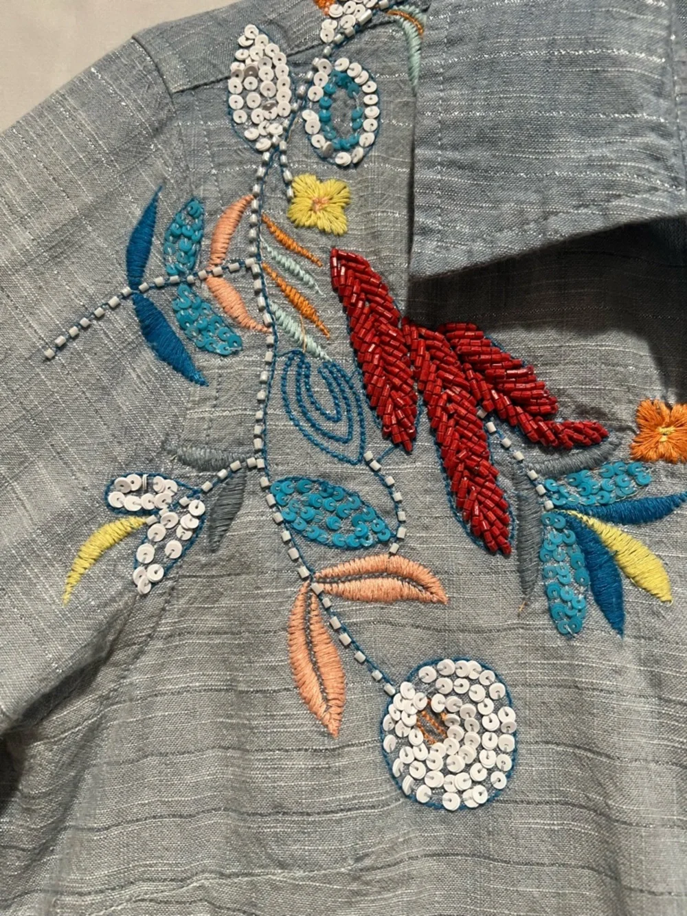 Soft Surroundings Embellished Santorini Print Shirt Cotton XSP Beaded - Picture 3 of 11